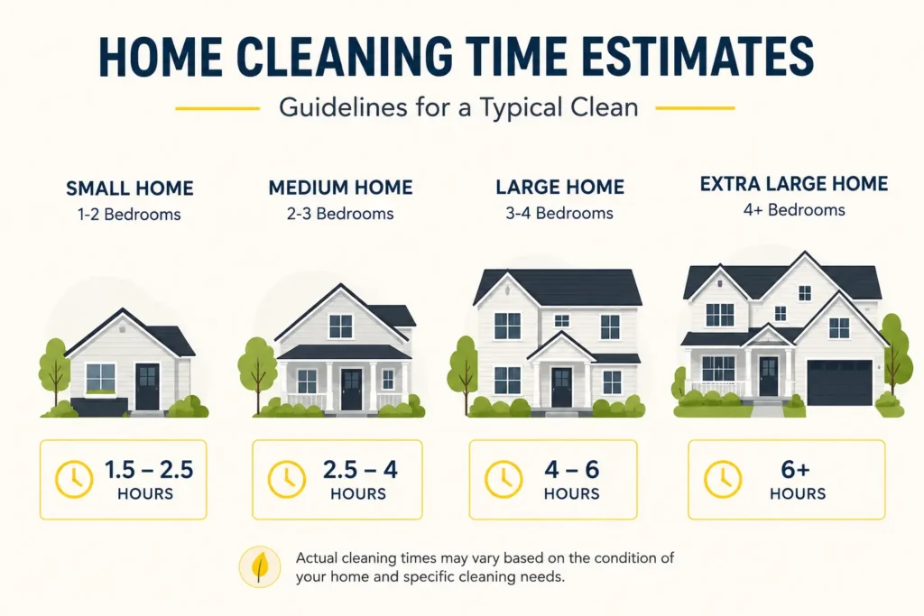 Chart showing professional home cleaning time estimates by home size in Raleigh NC