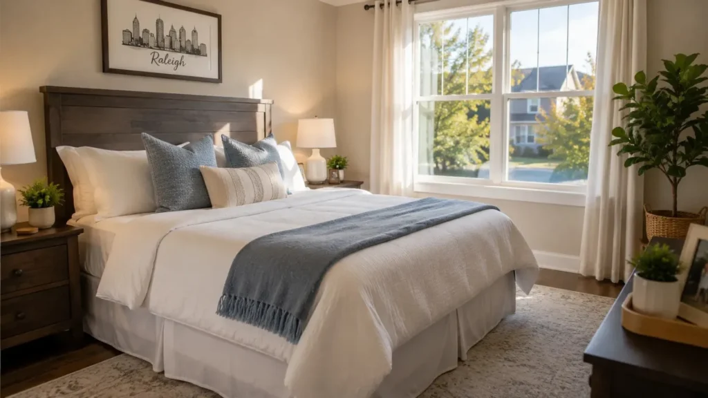 Clean and organized bedroom in a Raleigh home after professional recurring maid service visit