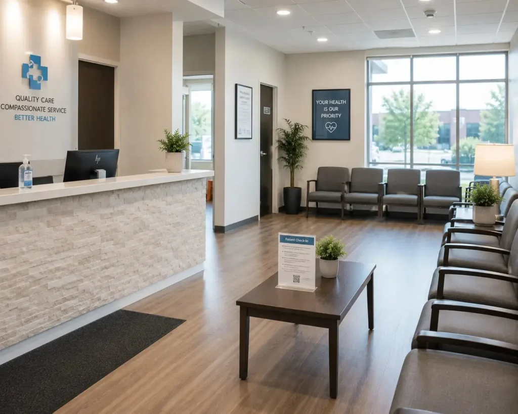 Clean medical office waiting room maintained by a professional janitorial service in Raleigh NC with sanitized seating and spotless surfaces.
