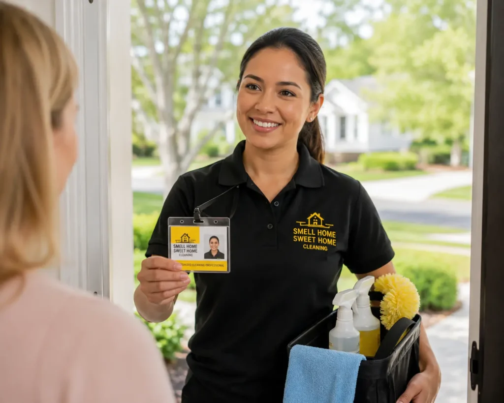 Cleaning technician presenting credentials at a homeowner's door in Waxhaw NC