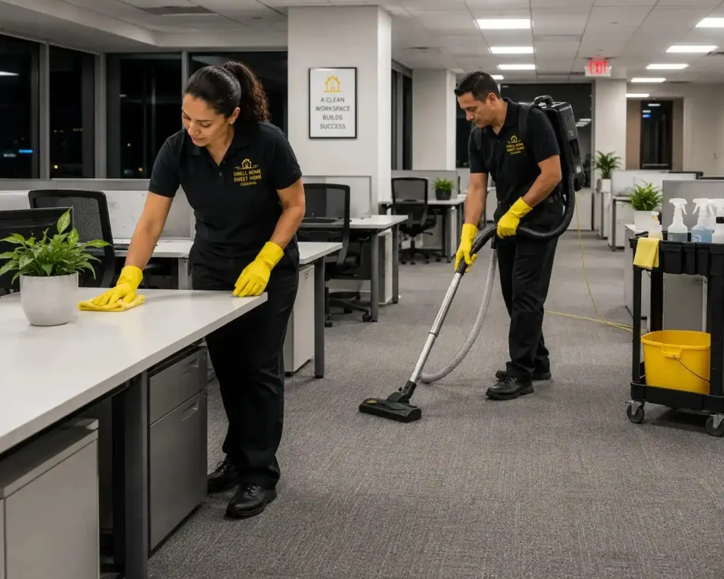 Commercial janitorial team performing after-hours office cleaning in Raleigh NC with vacuuming, disinfecting, and detailed surface cleaning.