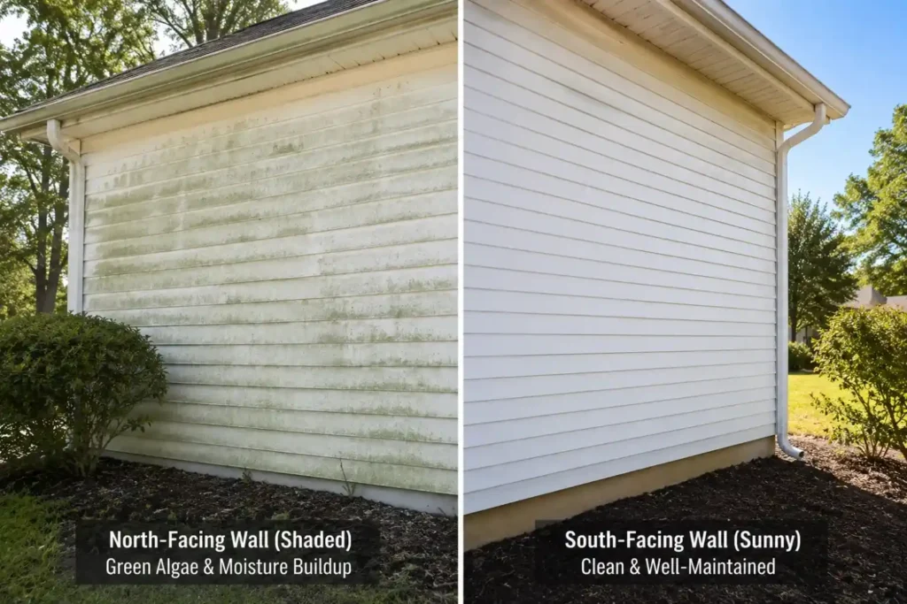Comparison of algae buildup on a north-facing exterior wall versus a clean south-facing wall of a Raleigh home.
