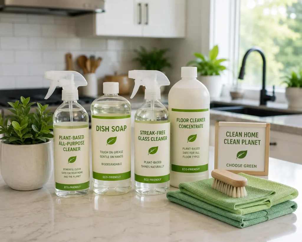 Eco-friendly cleaning products and microfiber cloths on a kitchen counter