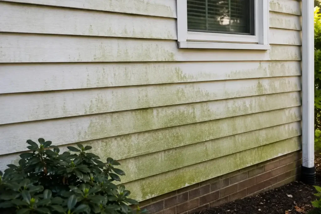 Green algae growing on white vinyl siding of a residential home in a shaded Raleigh NC neighborhood.