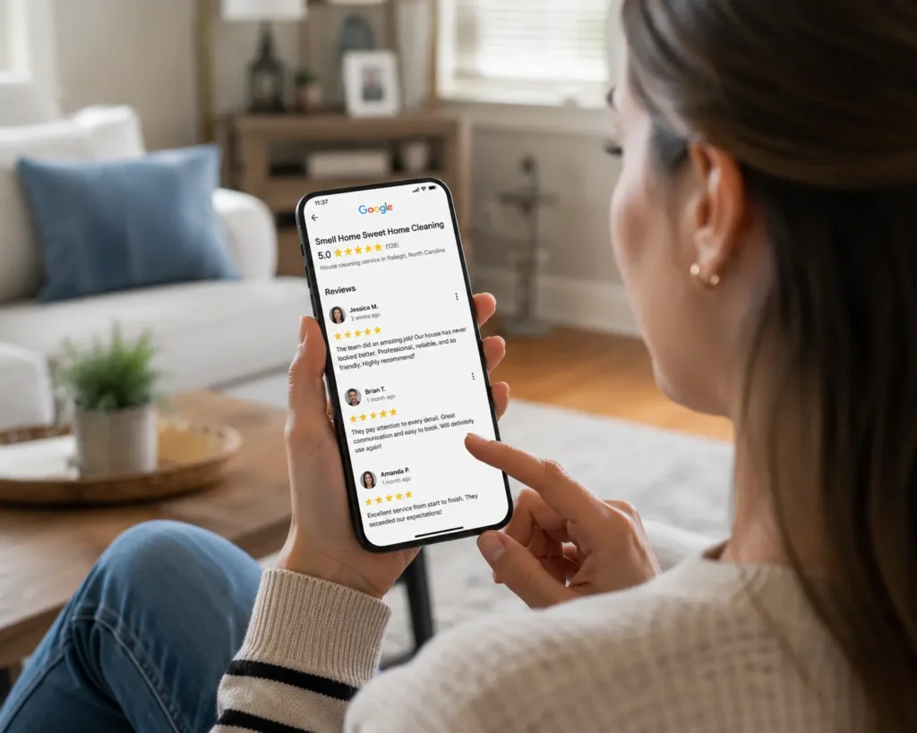 Homeowner reviewing local maid service Google reviews on a smartphone