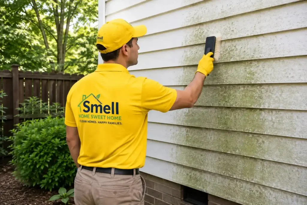 Smell Home Sweet Home technician inspecting and cleaning algae from the exterior siding of a Raleigh NC home.
