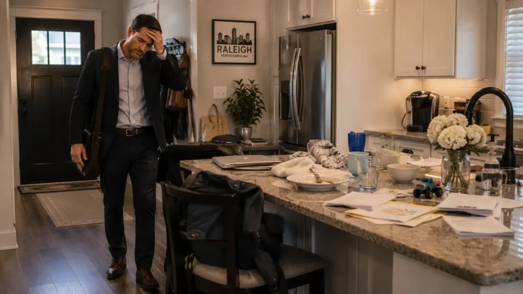 Tired professional looking at a cluttered kitchen in a Raleigh home after a long workday
