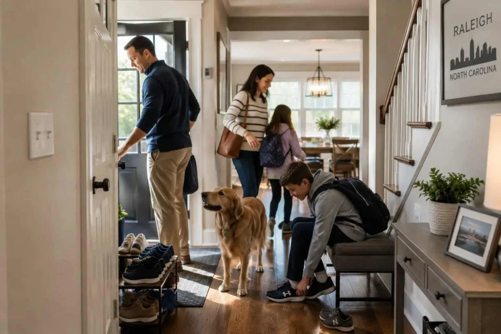 Busy Raleigh family home hallway showing common high-touch surfaces near the entrance
