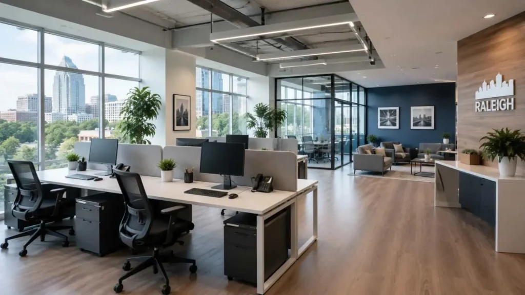 Clean open-plan office in Raleigh NC with clear workstations and polished surfaces after professional cleaning