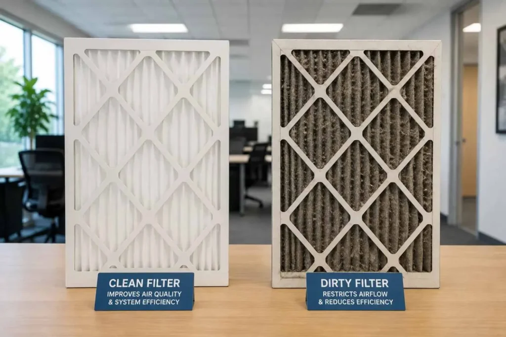 Comparison of clean and clogged HVAC filters in a commercial office building