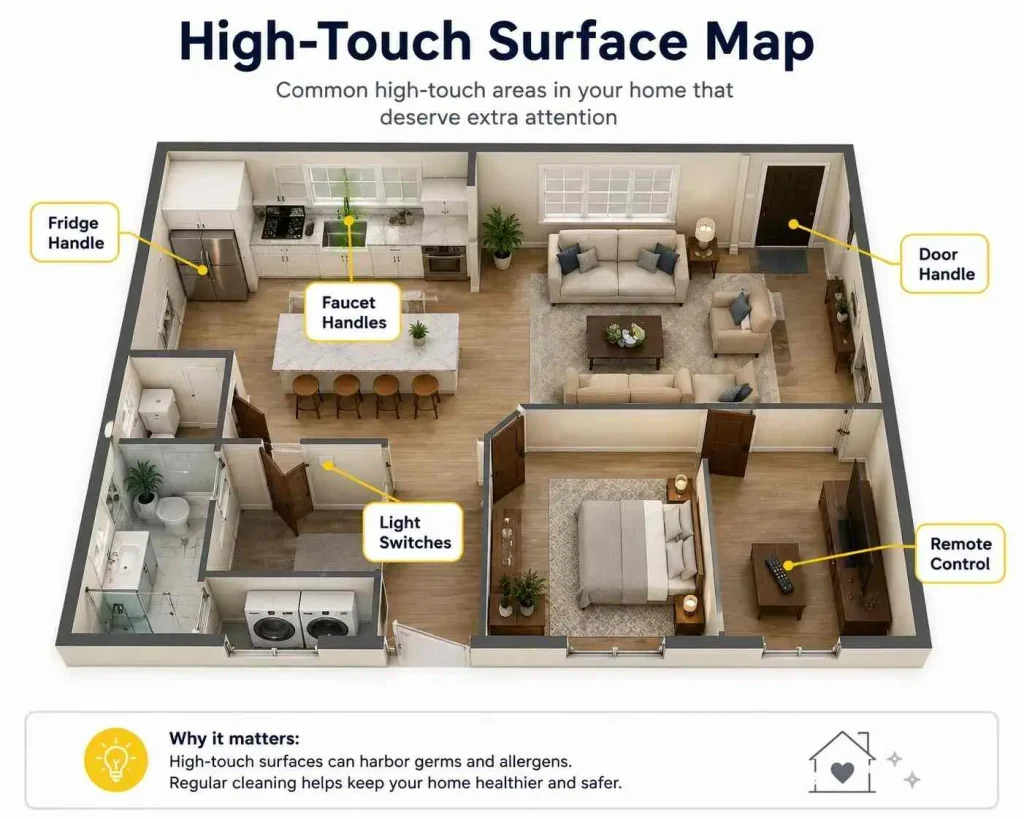 Illustrated diagram of high-touch surfaces throughout a residential home