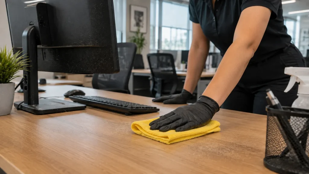 Professional cleaner using microfiber cloth to remove dust from an office workstation in Raleigh NC