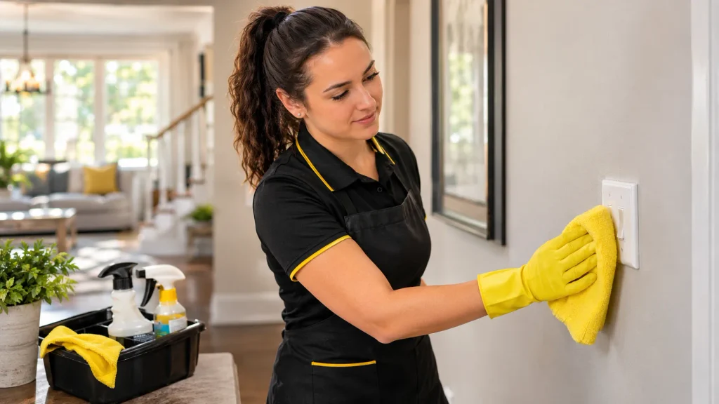 Smell Home Sweet Home professional disinfecting a high-touch surface in a Raleigh NC home