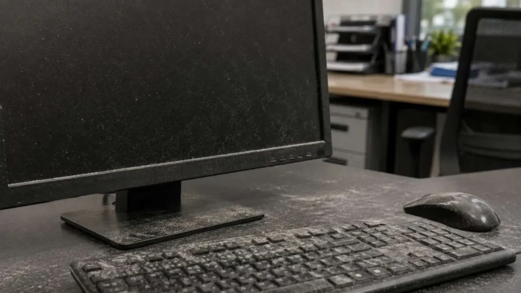 Visible dust accumulation on office monitor screen and keyboard in a Raleigh workplace