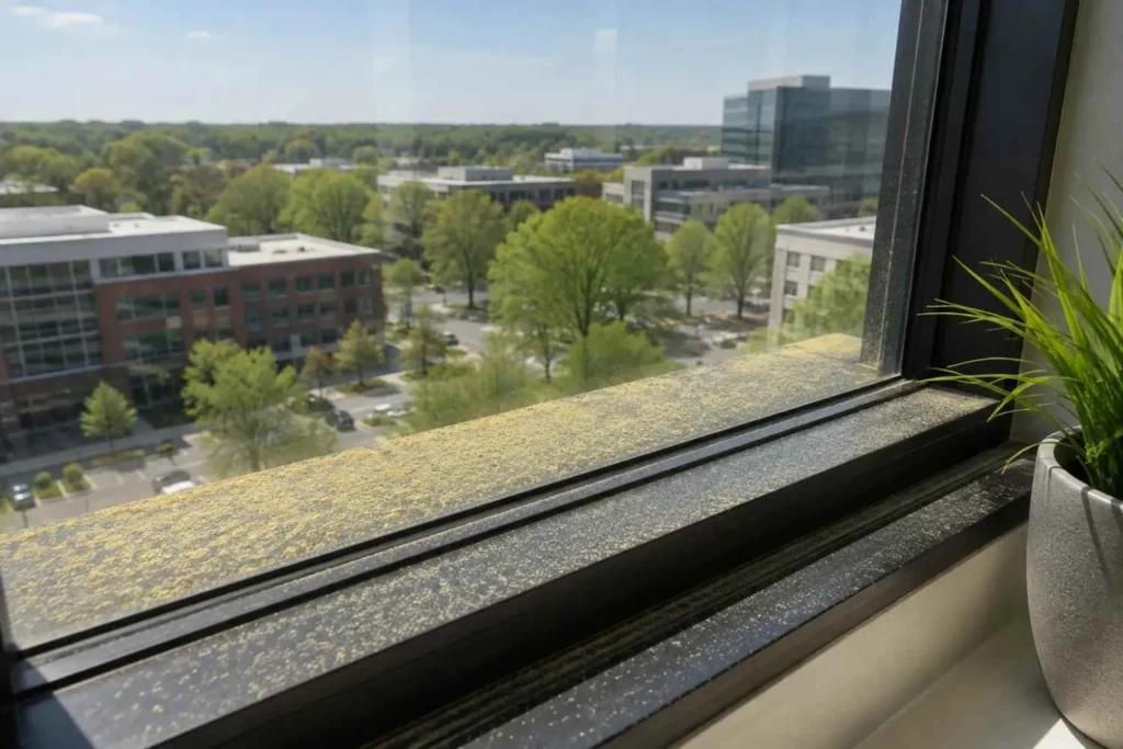 Yellow pollen dust on a Raleigh office window sill during spring pollen season
